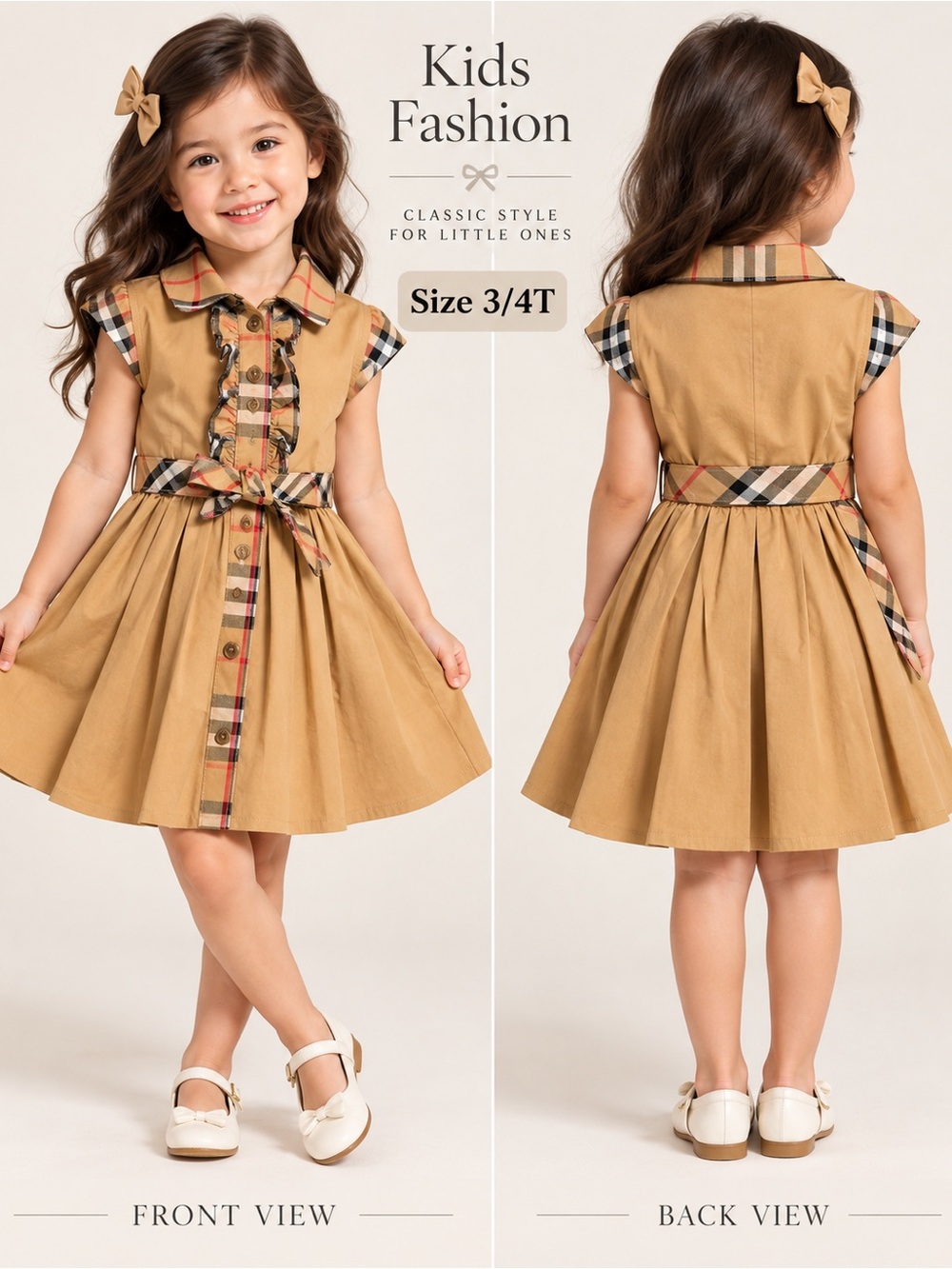 Burberry Tan Dress with Signature Check Trim for Girls
